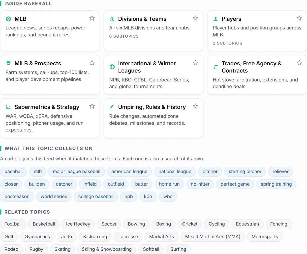 Further down the Baseball topic page: cards for its subtopics, the terms the topic collects on as small search buttons, and links to related topics